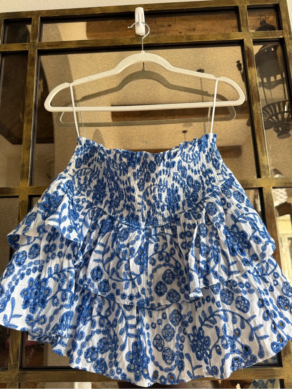 Altar'd State Blue & White Tiered Floral Smocked Mini Skirt
